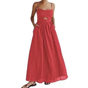 Commense Coral Red Cotton Maxi Dress Medium Smocked Back Pockets Cutout